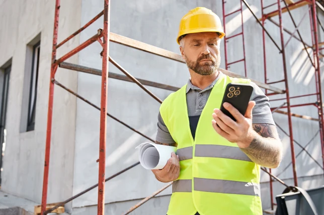 A construction worker reading an alert on their mobile phone