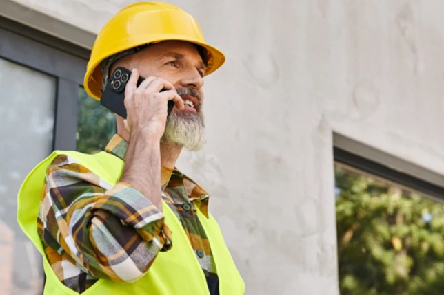 A construction worker receiving a cell phone call on the job site.